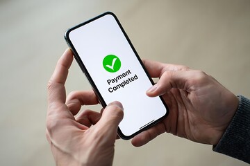 Person holding smartphone confirming payment completed with green checkmark icon