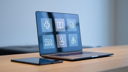 Laptop displaying icons for healthcare education finance community and savings on a desk