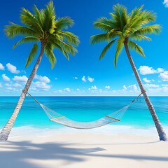 Idyllic tropical beach scene with hammock strung between two palm trees