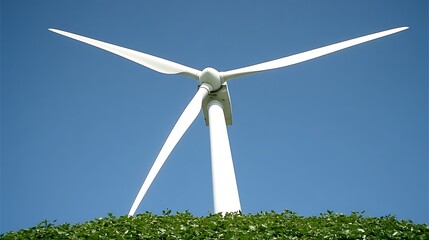 Wind turbine against a bright blue sky generating clean sustainable energy