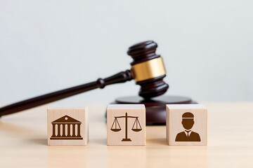 Gavel and wooden blocks with law symbols representing justice and legal system