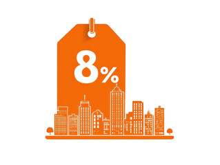 Orange tag with 8% discount, cityscape graphic