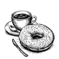 Hand drawing of a bagel SANDWICHES with coffee