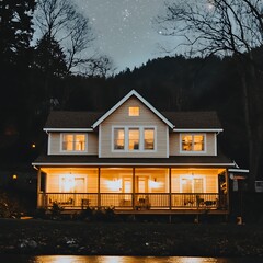 Serene evening atmosphere of a cozy cabin nestled amongst the forest darkness