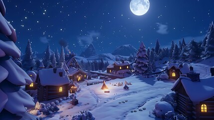 A tranquil snow-covered village nestled between towering pine trees under a full moon