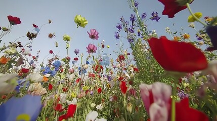 An eye-level perspective showcases a vibrant wildflower meadow against a serene sky