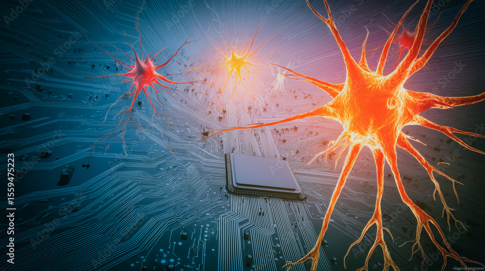 Poster neural circuitry symphony: two glowing neurons connect across a microchip, symbolizing the intricate