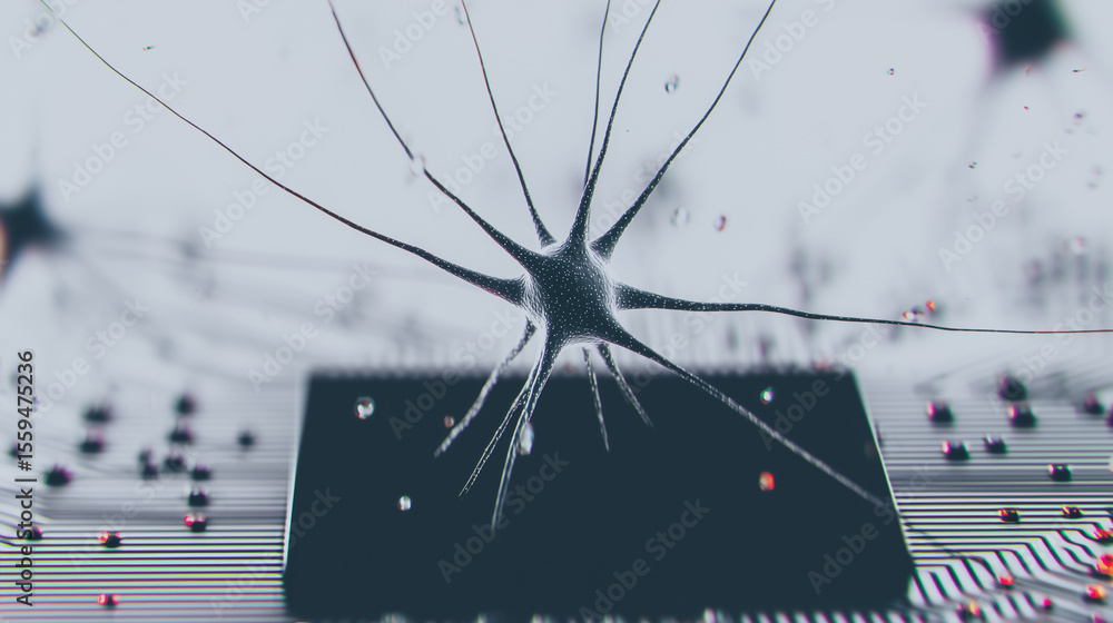 Poster neural network on microchip: a detailed close-up reveals a 3d-rendered neural network intricately po