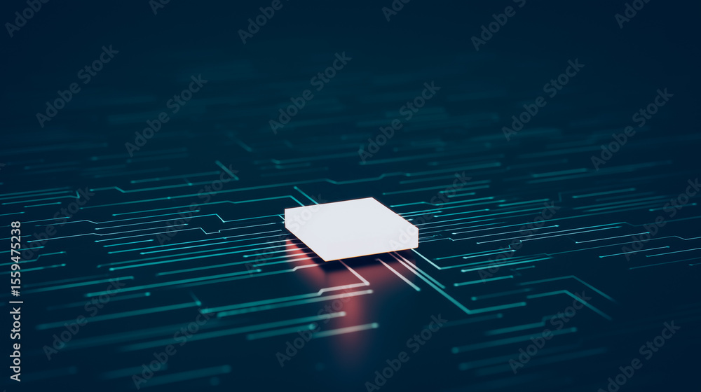 Poster digital core: an abstract depiction of a microchip embedded within a network of intricate electronic