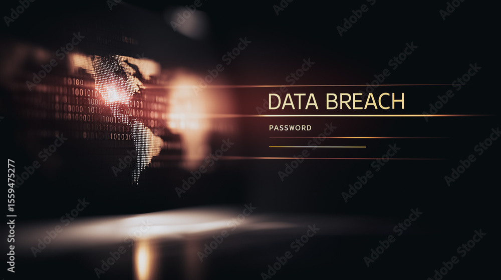 Aufkleber data breach threat: a digital scene illustrating a data breach, with a world map and a password prom