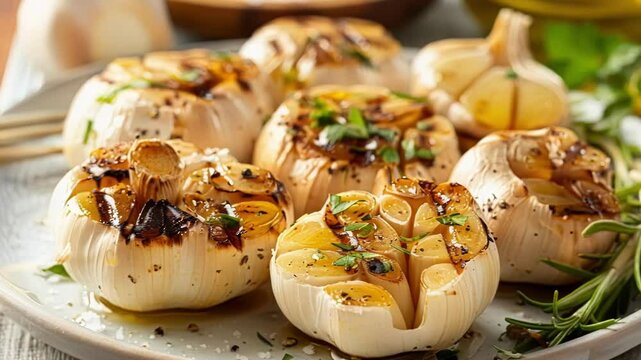 Whole roasted garlic bulbs seasoned with herbs and drizzled with olive oil on a plate. Perfect as a side dish or spread