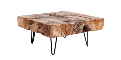 Rustic Wooden Coffee Table with Black Metal Hairpin Legs, PNG