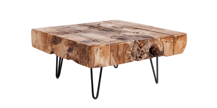 Rustic Wooden Coffee Table with Black Metal Hairpin Legs, PNG