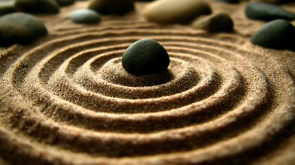 Serene Zen Garden Composition: Contemplative Stones in Concentric Sand Patterns
