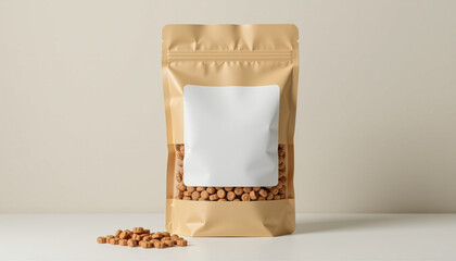 Sealed dry food bag with blank label, showcasing its contents on clean surface, evokes sense of freshness and quality