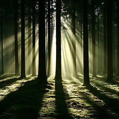 Sunlight Streaming Through Majestic Forest Canopy Illuminating Mossy Ground