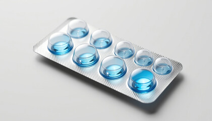 Transparent capsules in blister pack, showcasing clean and modern design. blue color adds refreshing touch, ideal for pharmaceutical use