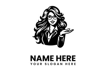 A stylized monochrome illustration of a woman in a business suit with glasses, gesturing with her hand.