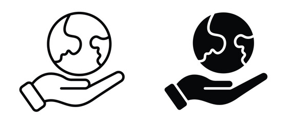 Hand holding globe icon set black and outline version for sustainability care global network concept design. planet and environment icon. Fully scalable and customizable.
