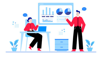 Colleagues analyzing data charts at an office presentation. Suitable for business presentations, reports, teamwork concepts, and corporate themed designs.