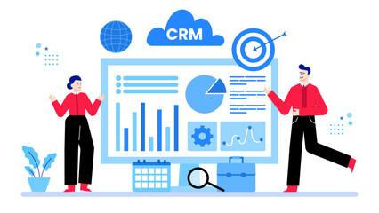 Two people displaying CRM data graphs, charts, and a target. Suitable for marketing, analytics, business strategy, teamwork concepts.