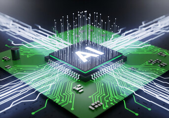 AI chip embedded in a futuristic green PCB board.