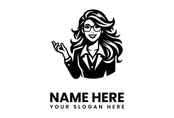 Black and white graphic logo of a businesswoman with long hair, smiling and gesturing.