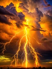 Electrifying yellow orange lightning strikes illuminate the darkening sky