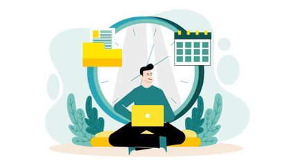 Man works on laptop among clock, calendar, files. Perfect for productivity and time management concepts in business and office settings.