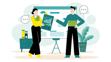 Two colleagues presenting data charts in a business meeting. Suitable for presentations, reports, teamwork, meetings, corporate communication, sales pitches.