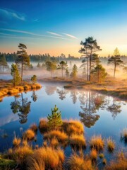 Dense fog rolling over a serene bog landscape with trees and plants