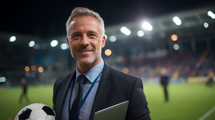 Confident Soccer Manager in Suit with Ball and Tablet at Stadium, Strategy and Leadership