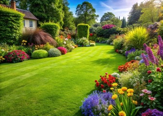 Obraz premium Freshly cut lawn with lush green grass and vibrant wildflowers
