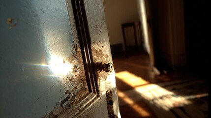Old door is open in a building. Warm sunlight shines into the home, illuminating the floor