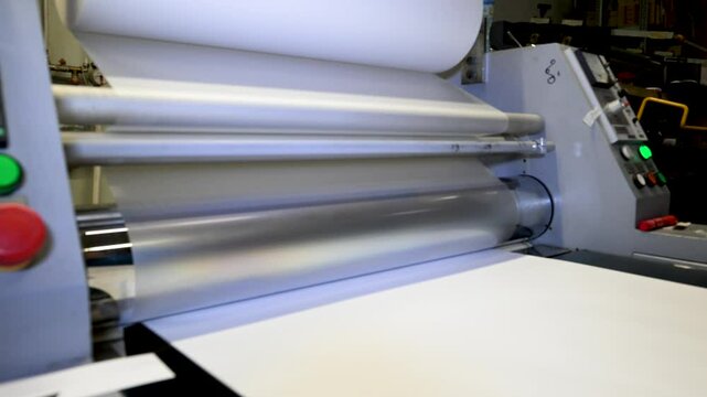 An industrial laminator works by laminating, applying a transparent film to paper in the production room of a printing house