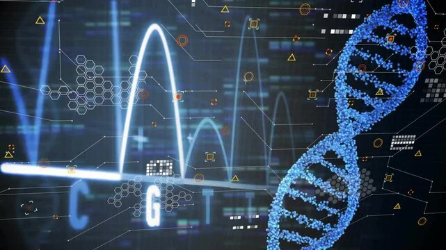 On UI load, DNA helix rotating, peaks rising, bases updating for sequencing display