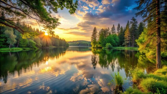 Sunset over a serene lake with lush greenery and tall trees