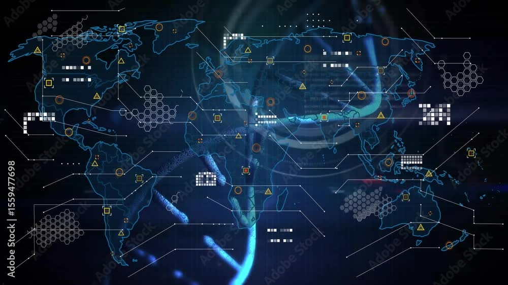 Poster starting glowing helix rotating, revealing world map, adding data nodes, unveiling clone branding