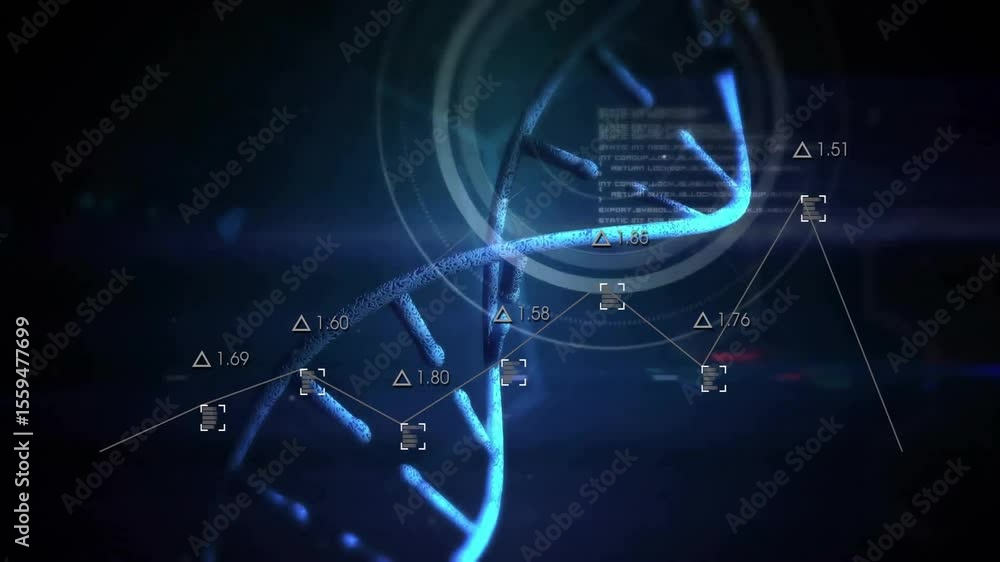 Poster upon faint strand emerging, helix rotating while data overlays updating, emphasizing identity label