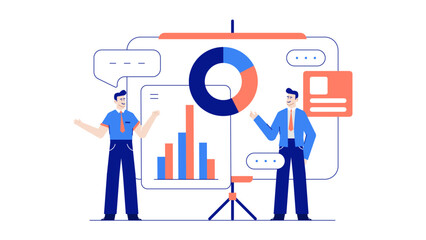 Two businessmen explaining data on whiteboard, perfect for business presentations, financial reports, team meetings, corporate websites, and educational materials.