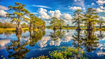 Fototapeta premium Sunny day on the Everglades with a vast array of cypress trees reflected in the calm water