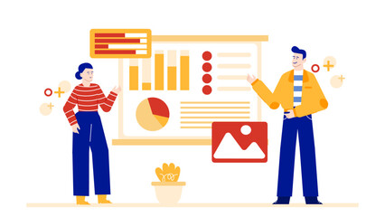 Two people collaborating on data presentation. Suitable for business, teamwork, education, strategy, planning, and analytical concepts in design projects.