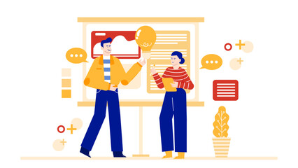 Two colleagues brainstorm new ideas near a presentation board. Perfect for teamwork, brainstorming sessions, office environment, collaboration concept visuals.