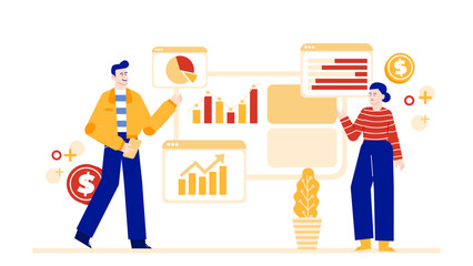 Two people analyzing business growth charts, suitable for presentations, reports, financial articles, and marketing materials targeting business professionals and analysts.