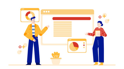 Two people presenting data charts on website screens. Suitable for web analytics, digital marketing or business presentations.