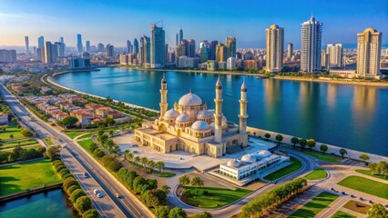 Panoramic view of Sharjah city from above with Al Noor Island and mosque in foreground
