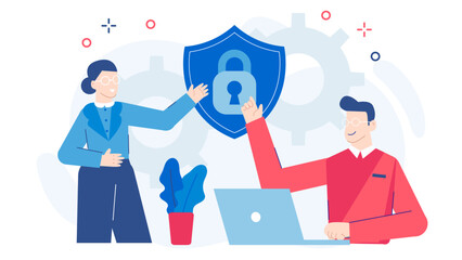 Two people share a blue shield protecting online data. Ideal for cybersecurity, data protection, internet security, partnership, teamwork concepts.