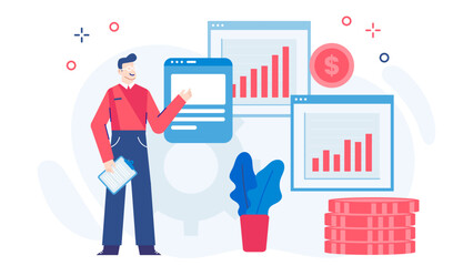 Man showcasing financial growth charts and a stack of coins. Suitable for presentations, financial reports, business articles, and economic concepts backgrounds.