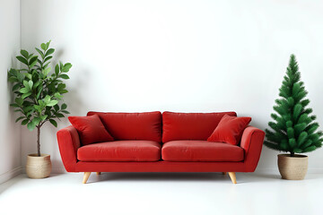 Fototapeta premium Living room christmas interior with velvet sofa on empty white background. 3d rendering. Front view.
