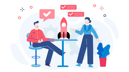 Colleagues discuss a startup rocket project at a small table suitable for presentations, entrepreneurship articles, teamwork concepts, and science blogs.